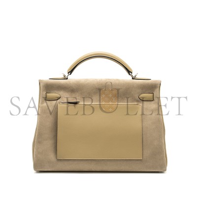 HERMES MAXI KELLY 42 GRIS CAILLOU GRIZZLY SUEDE AND BEIGE MARFA SWIFT (42*27*17cm)